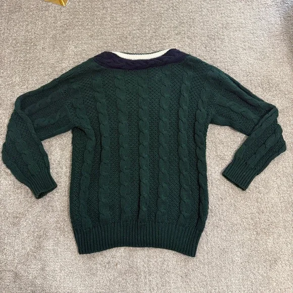 Jamie Scott Green Cable Knit V Neck Tennis Sweater Navy Cream Preppy Medium - Picture 8 of 8